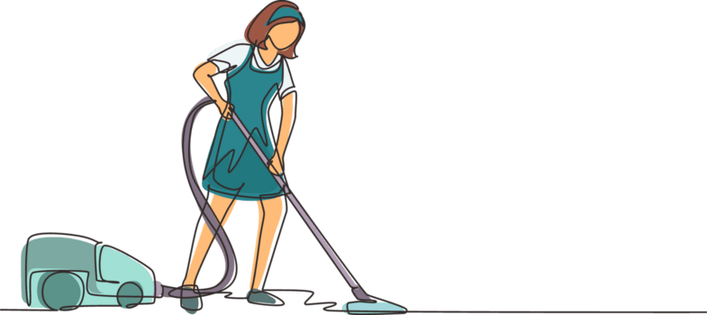 continuous one line drawing woman with vacuum cleaners of various types isolated washing cleaning service disinfection and cleaning single line draw design illustration png